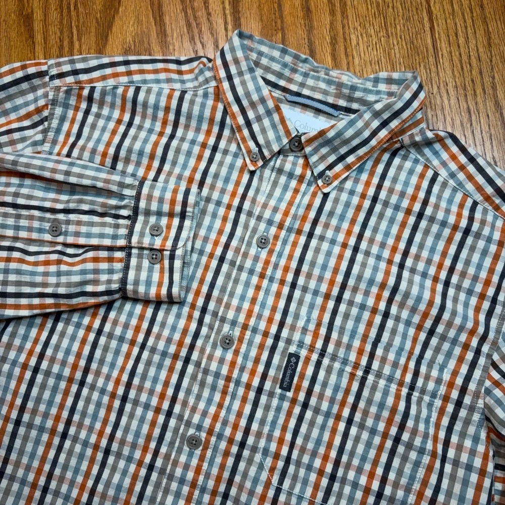 Columbia Shirt Mens Large Orange Blue Plaid Long Sleeve Cotton Button Down